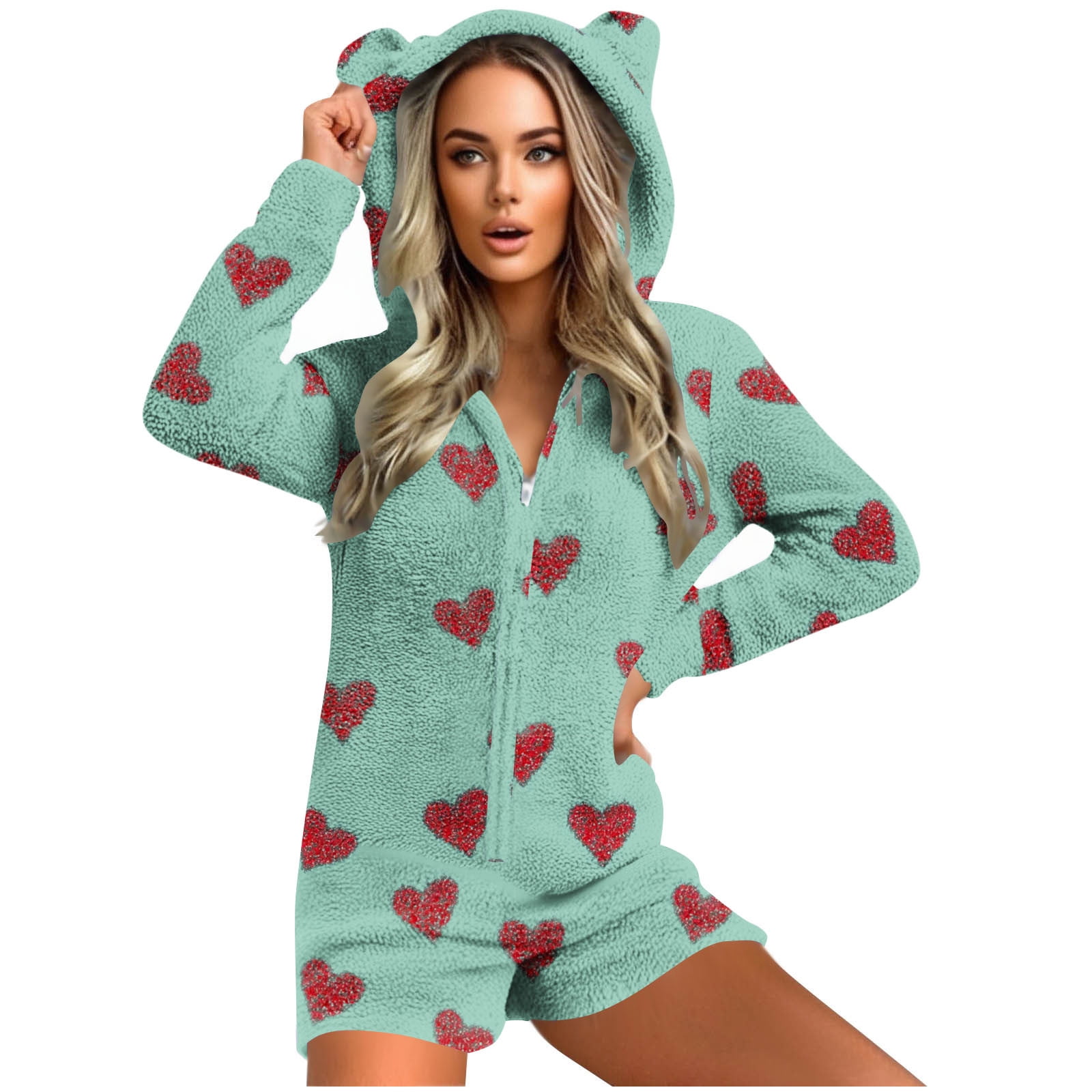 Aobny Valentine's Christmas Jammies Women Fleece Pajama Long Sleeve Green Onesies Family Christmas Pajamas Matching Sets,M