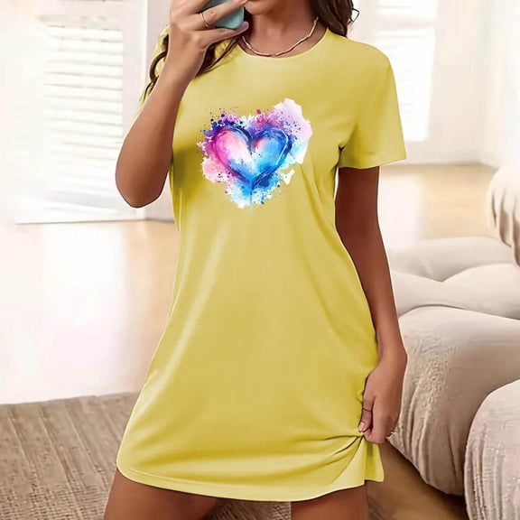 Aobny Valentine's Christmas Nightgown Heart Women Short Nightshirt Short Sleeve Yellow Nightgowns for Women,XXL