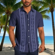 Aobny Vintage Men Shirt Blue Bowling Short Sleeve Collared T-Shirt Button-Up Western Athletic Shirts for Men,XL
