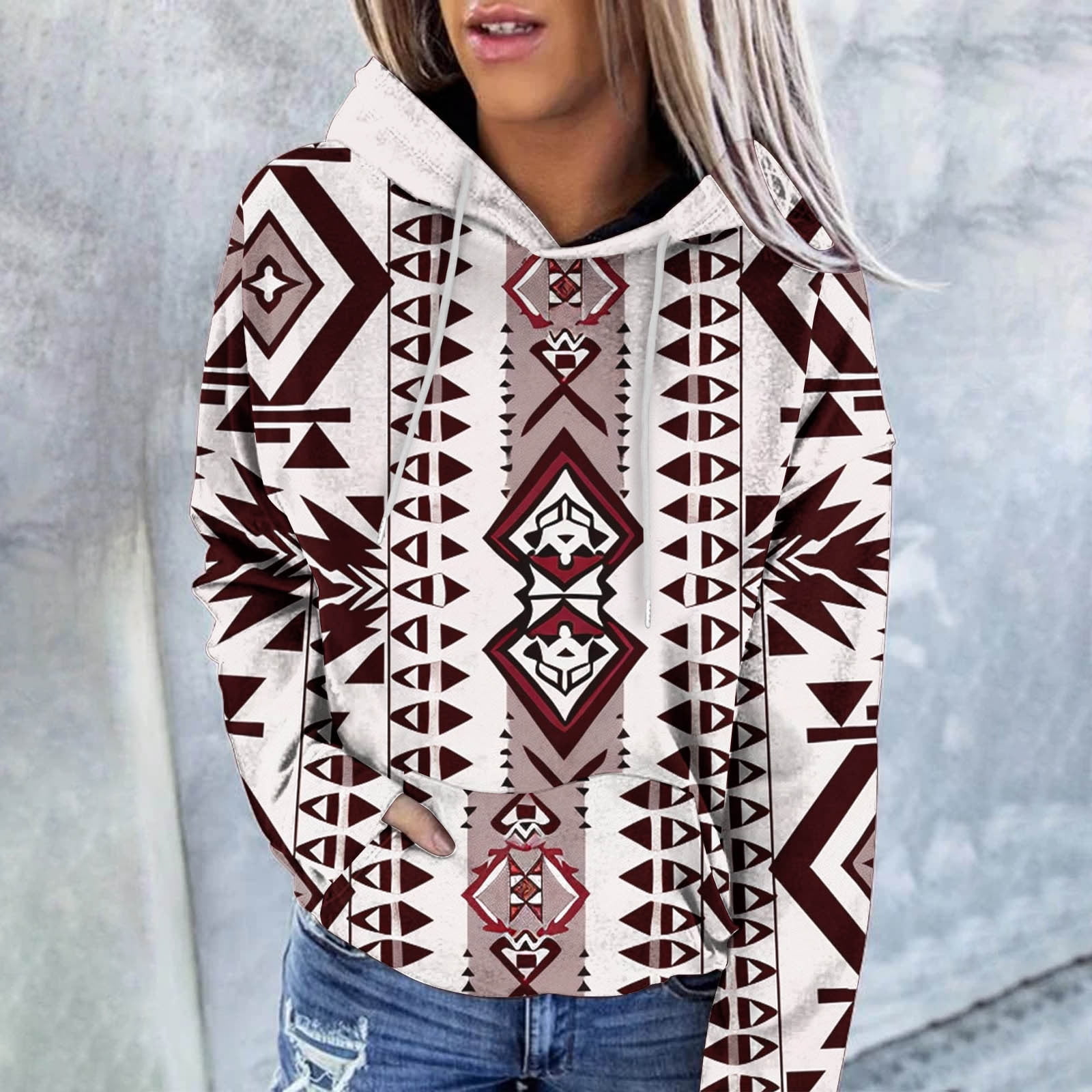 Aobny White Boutique Womans Tops Sweatshirt Western Hooded Graphic Long