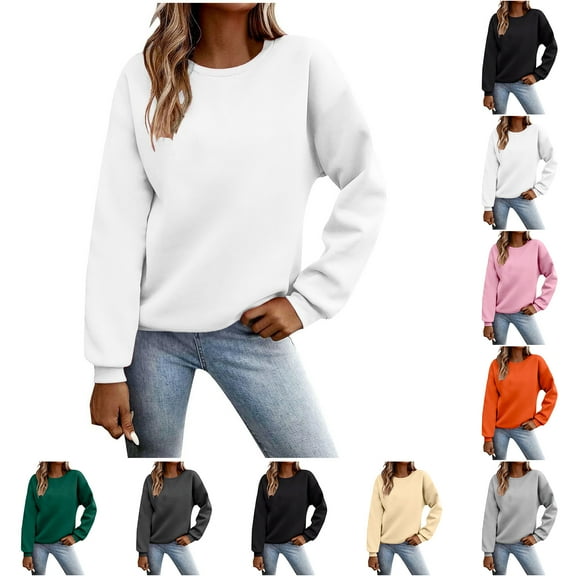 Aobny White Sweatshirts Women Loose Pullover Dressy Crew Neck Long Sleeve Pullover Sweatshirt