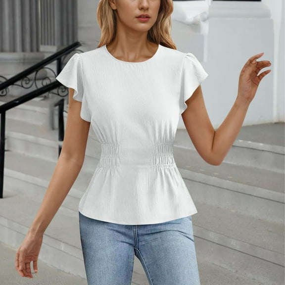 Aobny White Women Casual Tops Slimming Peplum Crew Neck Short Sleeve Cap Sleeve Tops for Women Trendy Summer