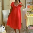 thumbnail image 1 of Aobny Winter Nightgowns for Woman Red Silk V-Neck Short Sleeve Solid Long Mumu Nightshirts for Adult Breathable, 1 of 3