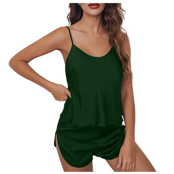 Aobny Winter Pajamas for Women Set Cooling Green Satin Silk Solid Cami & Shorts Pjs for Teen Set Soft