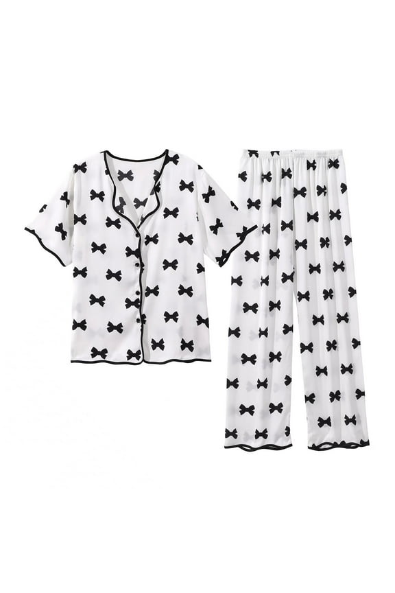 Winter Womens Pjs Set White Silk Button Up Cooling Bow Print Shirts & Pants Pajamas for Women Set Fall
