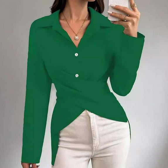 Aobny Winter Womens Shirts Formal Green Wrap V-Neck Solid Long Sleeve Blouse Juniors Tops Going Out