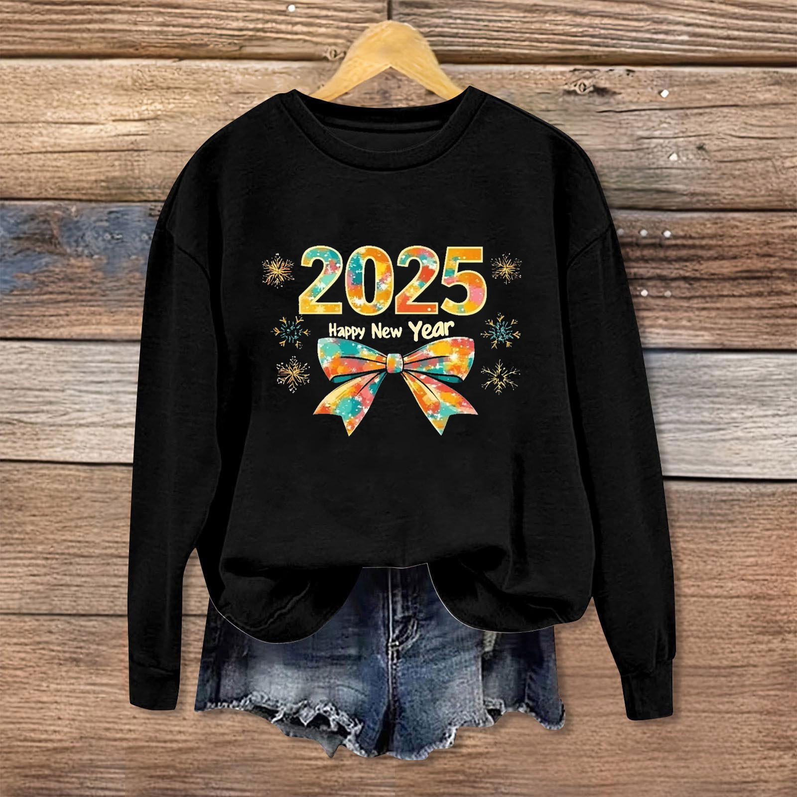 Aobny Winter Womens Sweatshirts Black New Year Crew Neck Long Sleeve