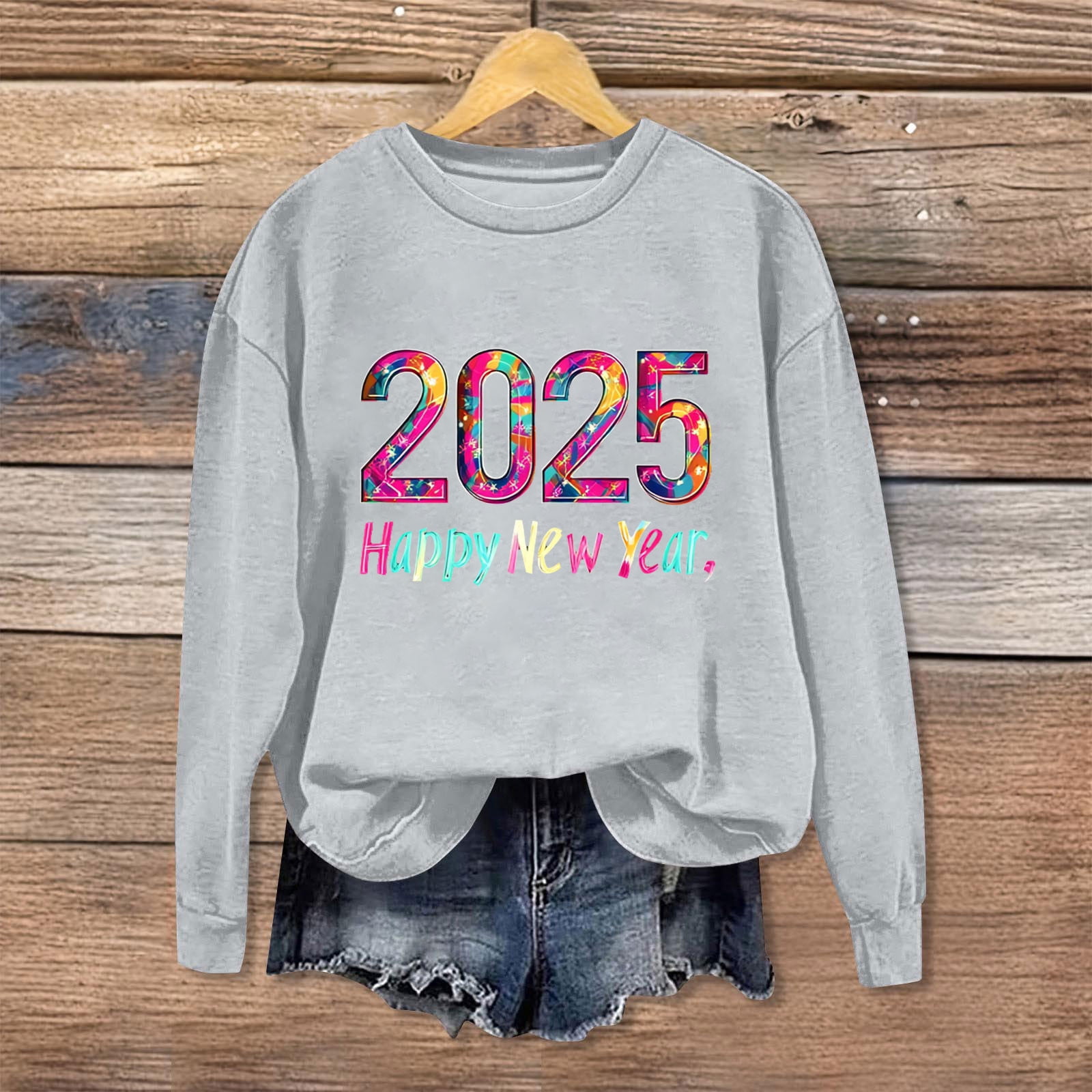 Aobny Winter Womens Sweatshirts Gray New Year Polyester Crew Neck 2025