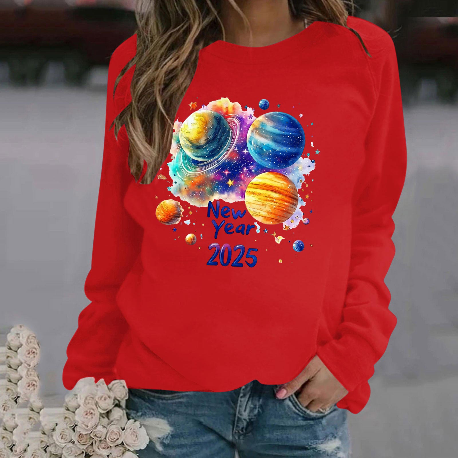 Aobny Winter Womens Sweatshirts New Year Red Long Sleeve Polyester 2025