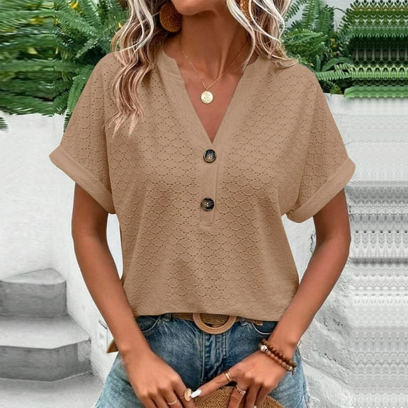 Aobny Woman Shirts Khaki Button Eyelet Blouses & Tops V-Neck Blouse Short Sleeve Cute Plus Size Tops,XXXL