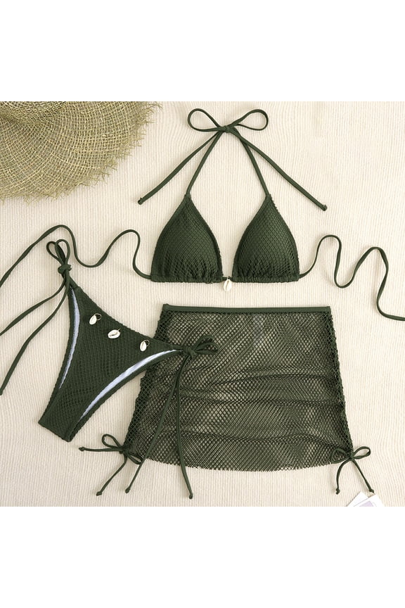 Women Bathing Suit Plain Bikinis 3 Piece Swim Suit Set Army Green Triangle Thong Womens Bikini