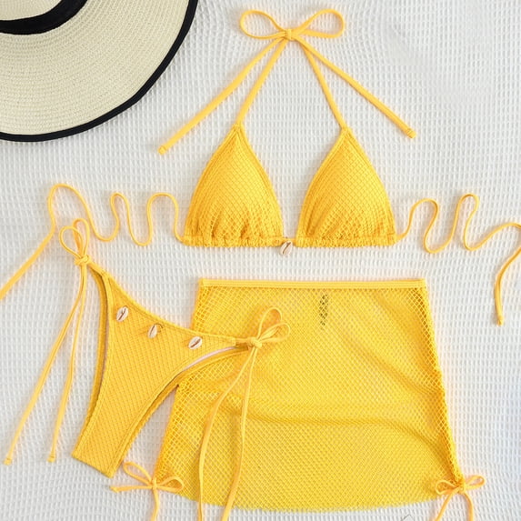 Aobny Women Bathing Suits 3 Piece Bikinis Plain Bathing Suit Set Yellow Triangle Thong Bikini Sets