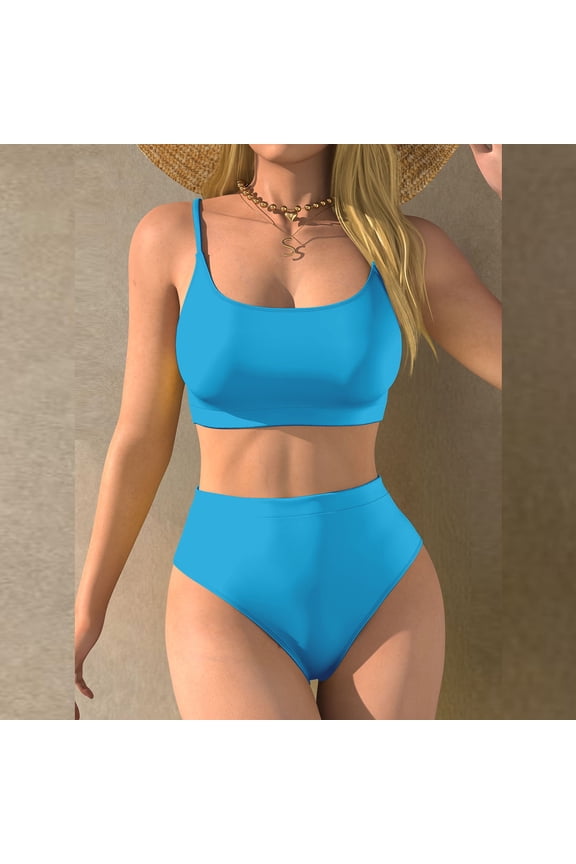 Women Bathing Suits Push Up Tummy Control Bathing Suits High Waist Bikinis Crew Neck Blue Swim Suit,L