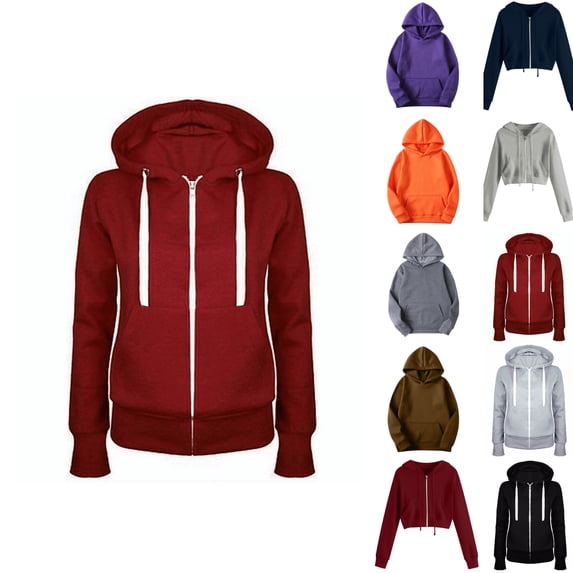 Aobny Women Black Sweatshirt Red Zipper Hoodie Fleece Hooded Long Sleeve Athletic Sweatshirt