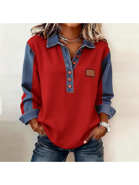 Women Blouse Denim Button Up T-shirts Long Sleeve Red Collared Pullover Christmas Tee Shirts for Women,M