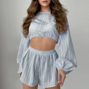 AOBNY Women Bride Pjs Ribbed Puff Sleeve Blue Pjs Short Long Sleeve Loose High Neck Womens Pj Sets,M