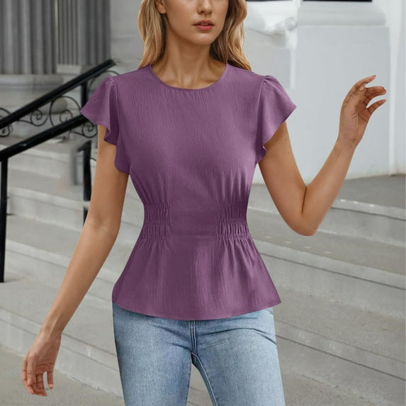 Aobny Women Casual Tops Slimming Purple Peplum Cap Sleeve Crew Neck Short Sleeve Cute Summer Tops