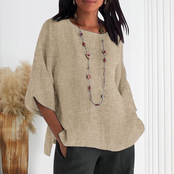 Aobny Women Cute Tops Beige Striped Cotton Blouses Crew Neck 3/4 Sleeve Plus Size Work Tops,L