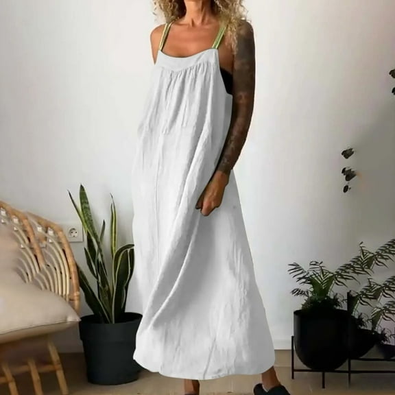 Aobny Women Dresses Casual Plus White Cotton Shift Linen Midi Sleeveless Dresses Summer