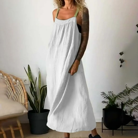 Aobny Women Dresses Casual Plus White Cotton Shift Linen Midi Sleeveless Dresses Summer