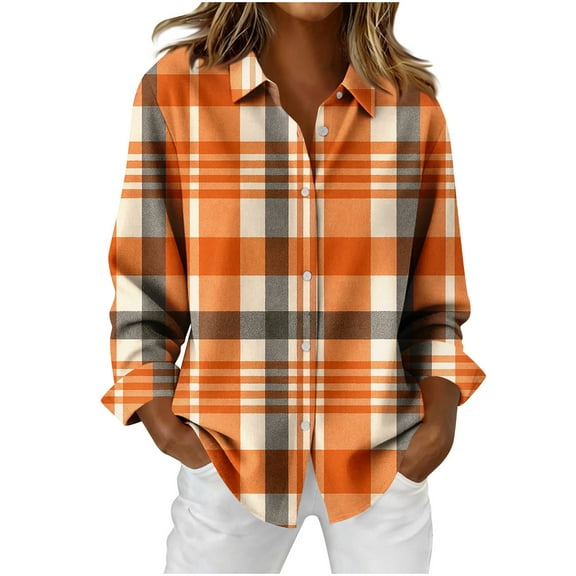 Aobny Women Funny T Shirt Loose Fit Plaid Shirt Smocked Long Sleeve Collared Plus Size Fall Tops,S