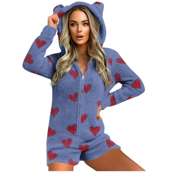 Aobny Women Holiday Pajamas Valentine's Fleece Nightwear Long Sleeve Blue Onesies Shorts Christmas Vacation Pajamas,L
