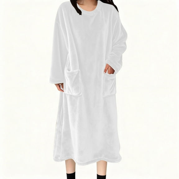 Aobny Women House Dress with Pocket Flannel Long House Dresses Long Sleeve White Christmas Pajamas Family Matching,S