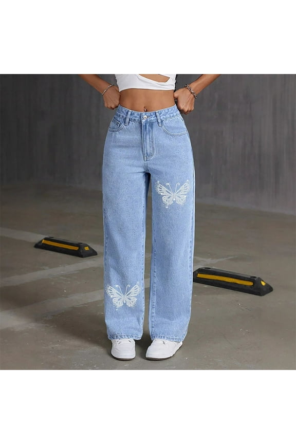 Women Jeans Blue Rhinestones Butterfly Baggy Jeans Boyfriend High Waisted Full Petite Jeans