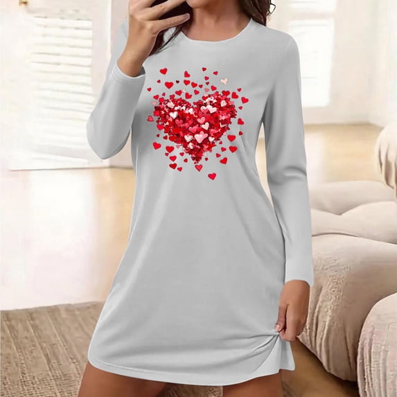 Aobny Women Nightgown Heart Valentine's Short Nightshirt Gray Long Sleeve Crew Neck Couples Christmas Pajamas,S