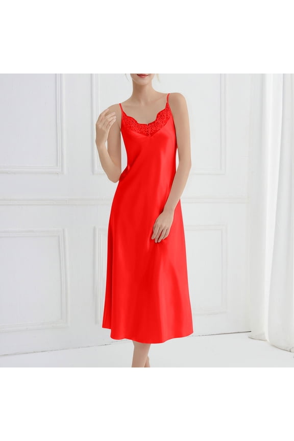 Women Nightgown Silk Lace Trim Sleeveless Sleep Dress Solid Spaghetti Strap Long Red Night Shirts for Women,XL