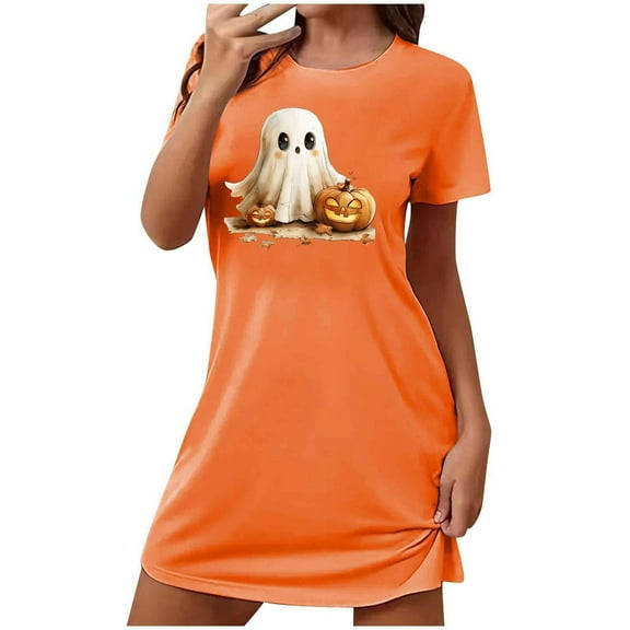 Aobny Women Pajamas Cute Ghost Orange Sleepshirts Short Short Sleeve Family Christmas Pajamas Matching Sets,XXL