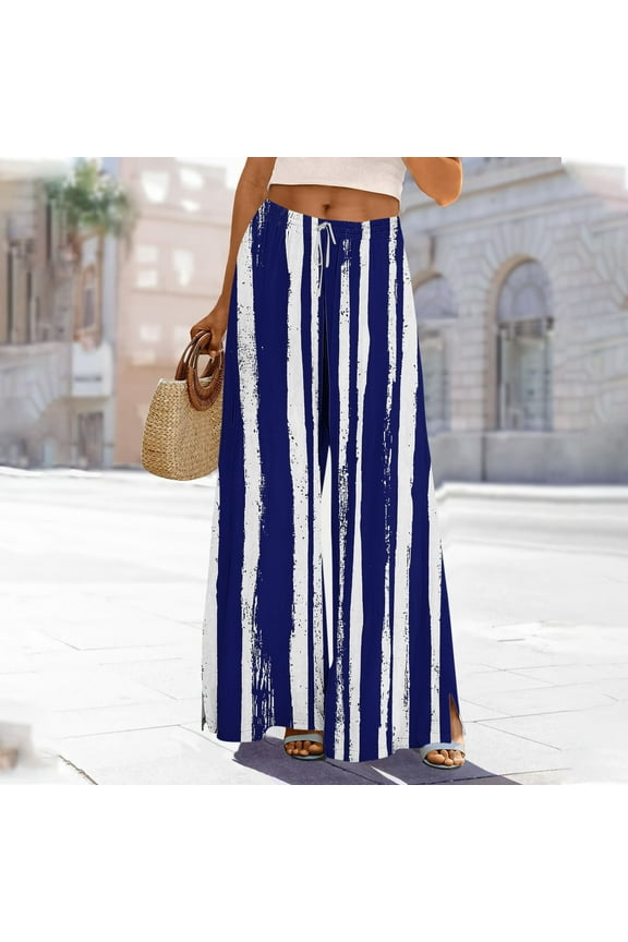 Women Pants Baggy Striped Gaucho Blue Pants Culottes Full High Waisted Womens Hiking Pants Lightweight