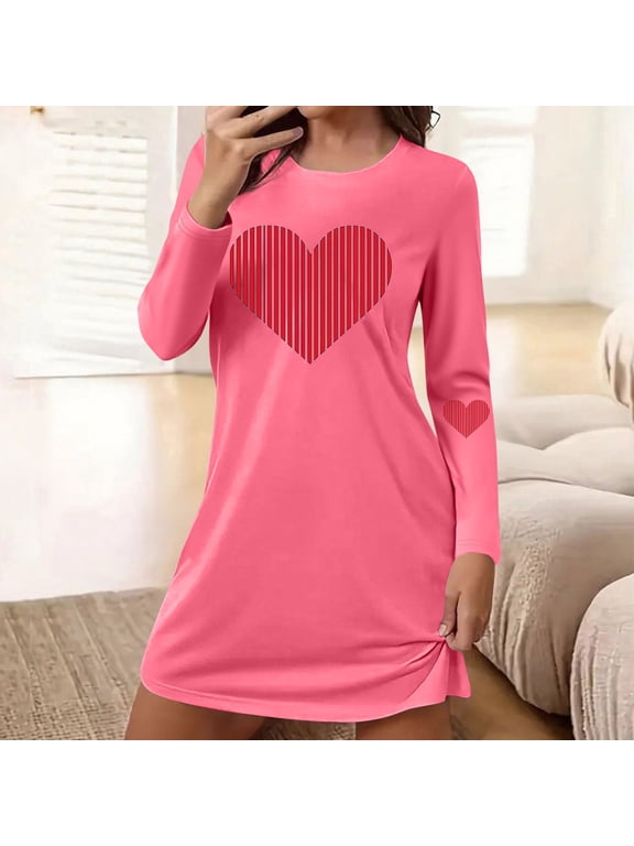 Women Sexy Nightgown Valentine's Heart Short Sleep Shirt Long Sleeve Hot Pink Womens Winter Pajama Sets,S