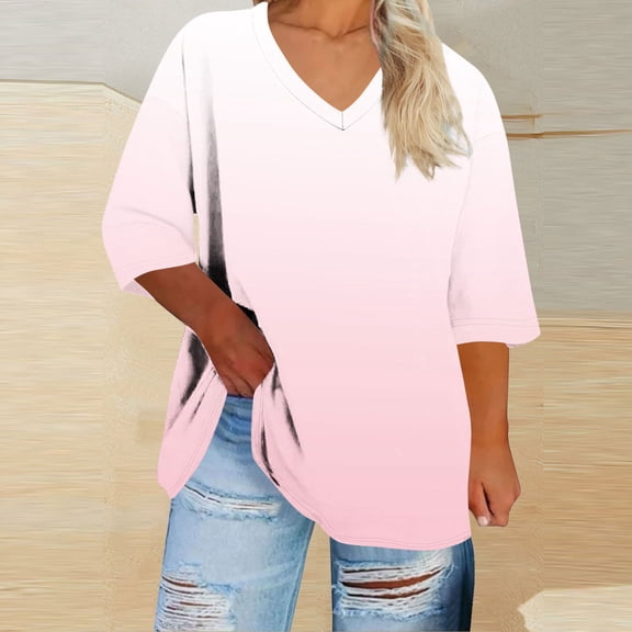 Aobny Women Shirt Gradient Tunic Tshirt 3/4 Sleeve V-Neck Pink Pullover Tops,L