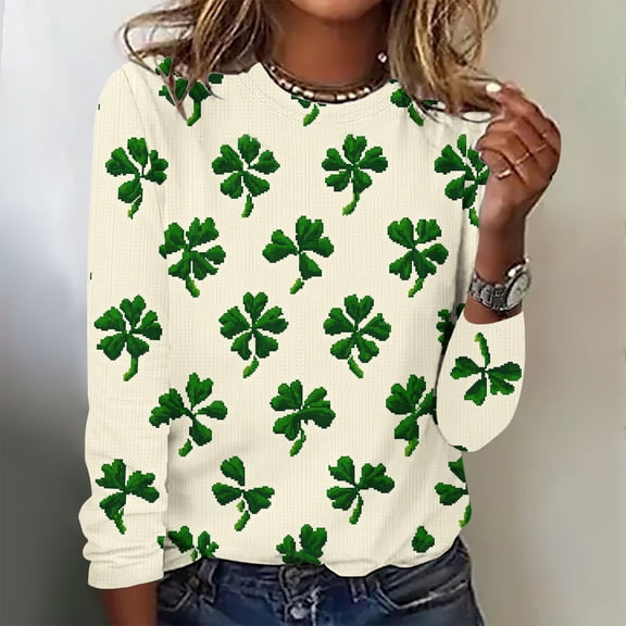 Aobny Women Shirts Oversized Clovers Tshirt Crew Neck Green Long Sleeve Pullover Work Tops,L