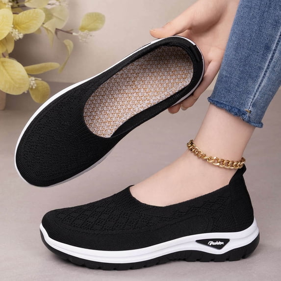 Aobny Women Shoes Mesh Shoes Easy Spirit Shoes Walking Shoes Flatform Shoes Flat Heel Black Soft Toe Slip-On Round Toe Womens Casual Shoes,Size 39