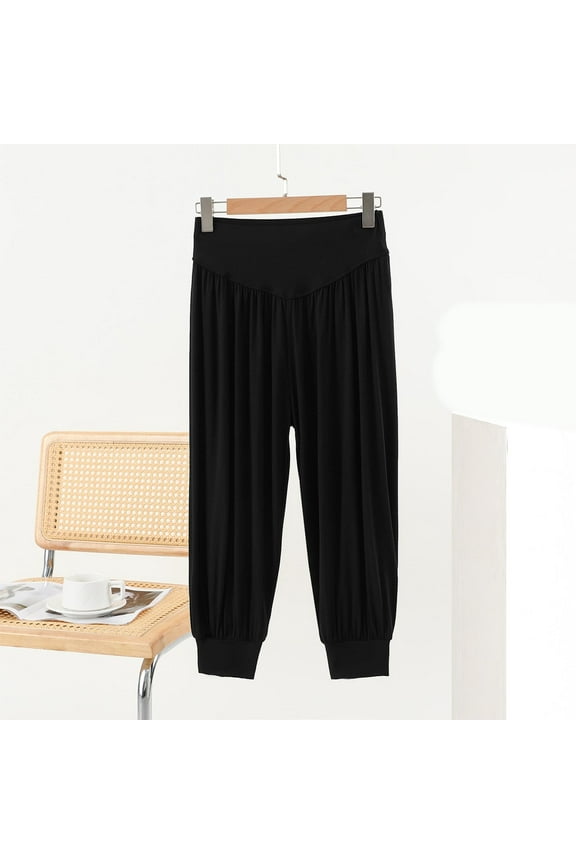 Women Summer Pants Track Black Yoga Pants Cropped High Waisted Joggers Baggy Cuffed Pants for Womens,L