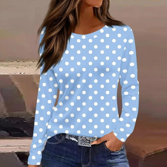 Aobny Women T Shirt Baggy Polka Dot Outfits Light Blue Pullover Long Sleeve Crew Neck Women's Plus Size Tops,L