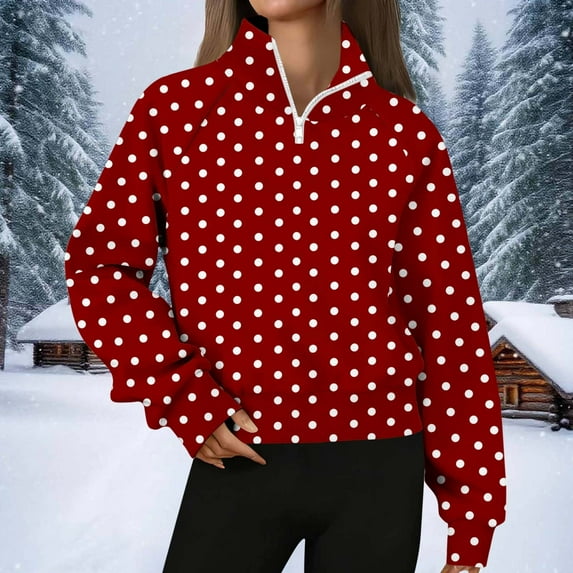 Aobny Women T-Shirts Polka Dot Thermal Sweatshirt Turtleneck Long Sleeve Red Zip-Up Christmas Family Shirts,L