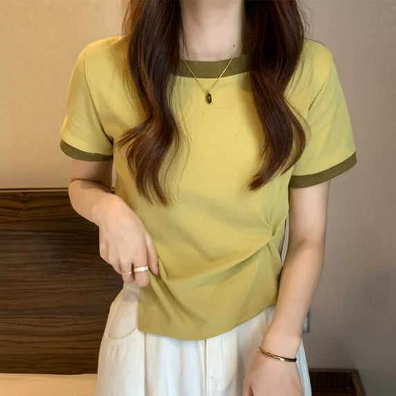 Aobny Women T-Shirts Yellow Twist Front T-Shirt Crew Neck Short Sleeve Ringer Women's Tshirts,L