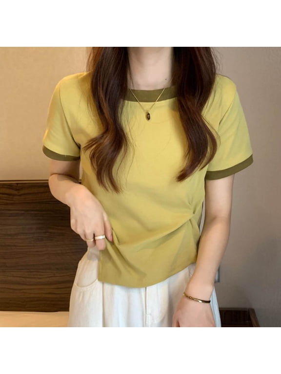 Women T-Shirts Yellow Twist Front T-Shirt Short Sleeve Crew Neck Ringer Cute Tshirts Shirts for Women,XL