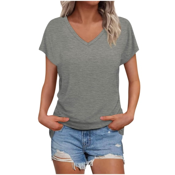 Aobny Women Tshirt Plain Cap Sleeve Tunic Shirts Short Sleeve Gray V-Neck Womens Going Out Tops,M