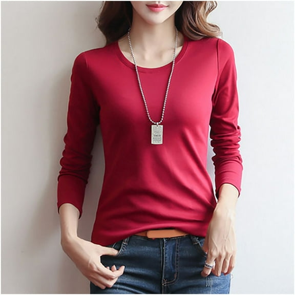 Aobny Women Tshirt Slim Red Basic Shirt Long Sleeve Crew Neck Summer Tshirts Shirts for Women,M