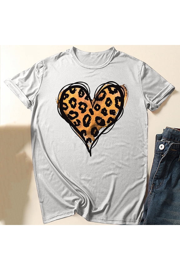 Women Tshirts Heart Leopard Loose Fit T Shirt High Neck Gray Short Sleeve Workout Shirts Women,S