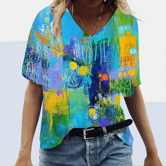 Aobny Women Tshirts Neon Green Oversized T-Shirt V-Neck Short Sleeve Women T Shirt,L