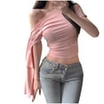 thumbnail image 1 of Aobny Women Vacation Tops Pink One shoulder Elegant T-Shirt Elbow-Length Crew Neck Hiking Tops Women, 1 of 4