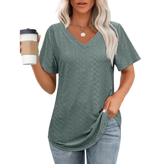 Aobny Women's Casual T-Shirt Hiking Green Tunic Tees Flowy Short Sleeve V-Neck Tops for Women