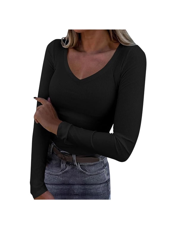 Women's Leisure T-Shirt Basic Work Black Tops V-Neck Ribbed Long Sleeve Blouses for Junior