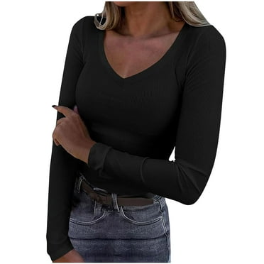 Aobny Women's Leisure T-Shirt Work Basic Black Tops V-Neck Long Sleeve Ribbed Juniors Blouses