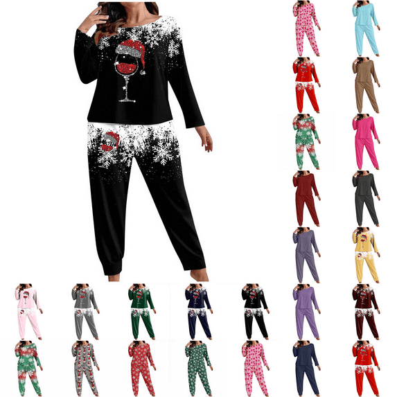 Aobny Women's Pajamas Cute Christmas Pjs Long Sleeve Polyester Black Holiday Pajamas,XXXL